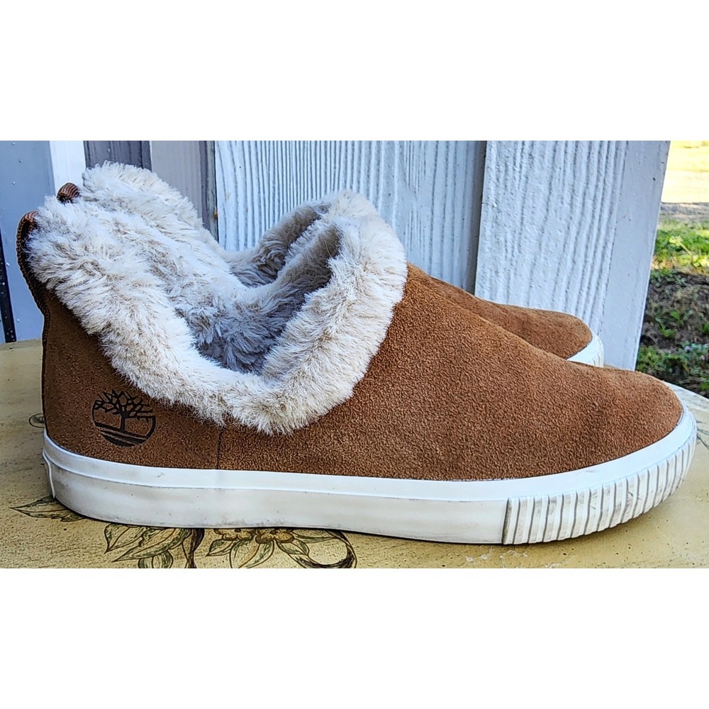 Timberland Sz 7.5 Brown Suede Skyla‎ Sneaker Boots Slip On Faux Fur Trim Cozy